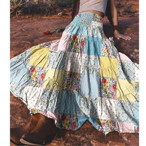 Plus Boho Floral Print Gingham Patchwork Maxi Skirt 1X 2X 3X 4X 5X